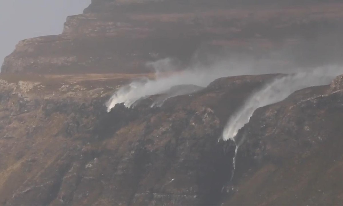 Storm Henry forces Isle of Mull waterfall upside down – video
