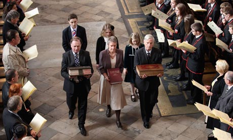 Ancient copies of the King James Bible are carried during a procession at Westminster Abbey to mark its 400th anniversary. Photograph: Chris Jackson/AFP/Getty Images