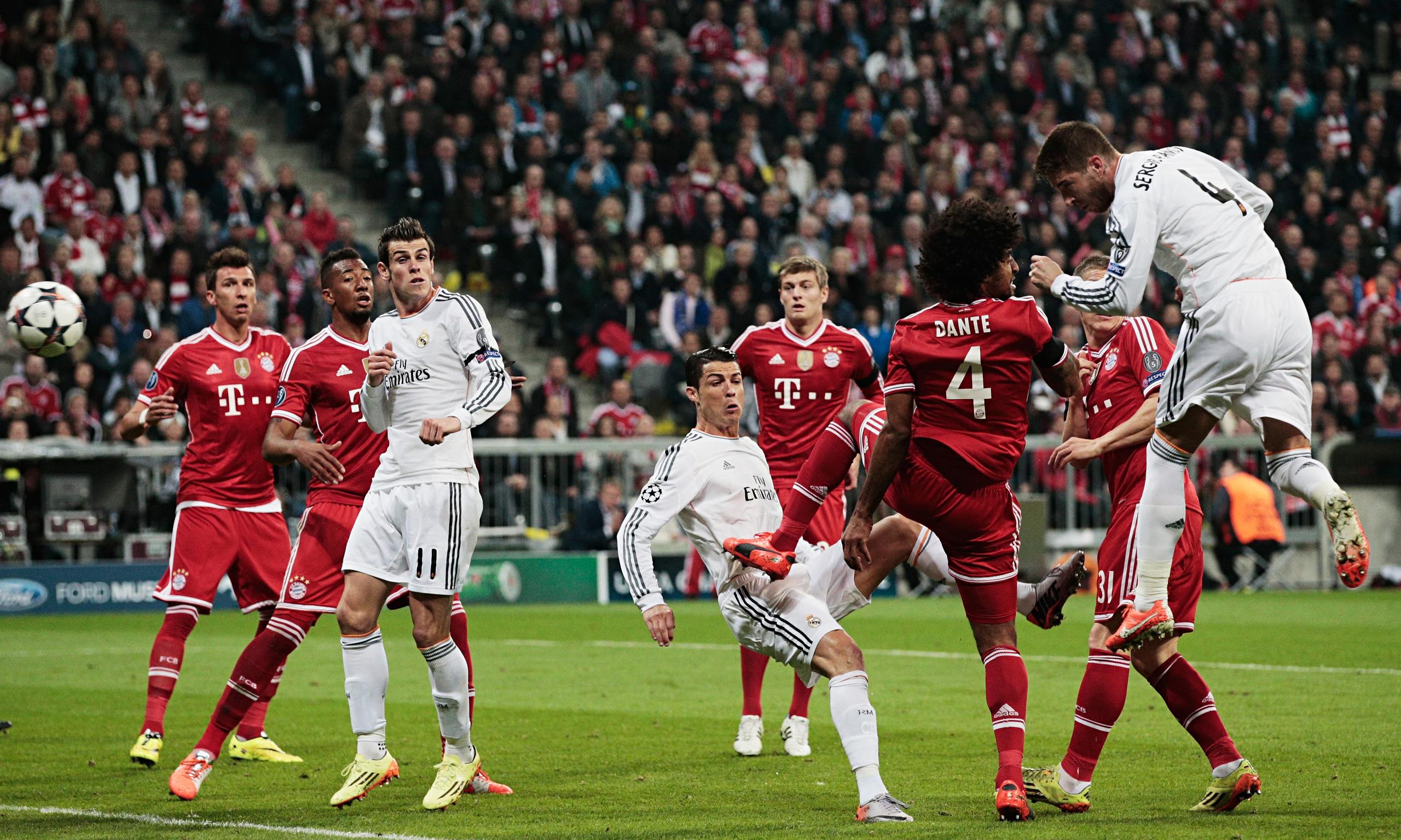 A header attempt by Real Madrid's Sergio Ramos during the second leg of the 2013/14 UEFA Champions League semi-final against Bayern Munich at the Allianz Arena in Munich, Germany.