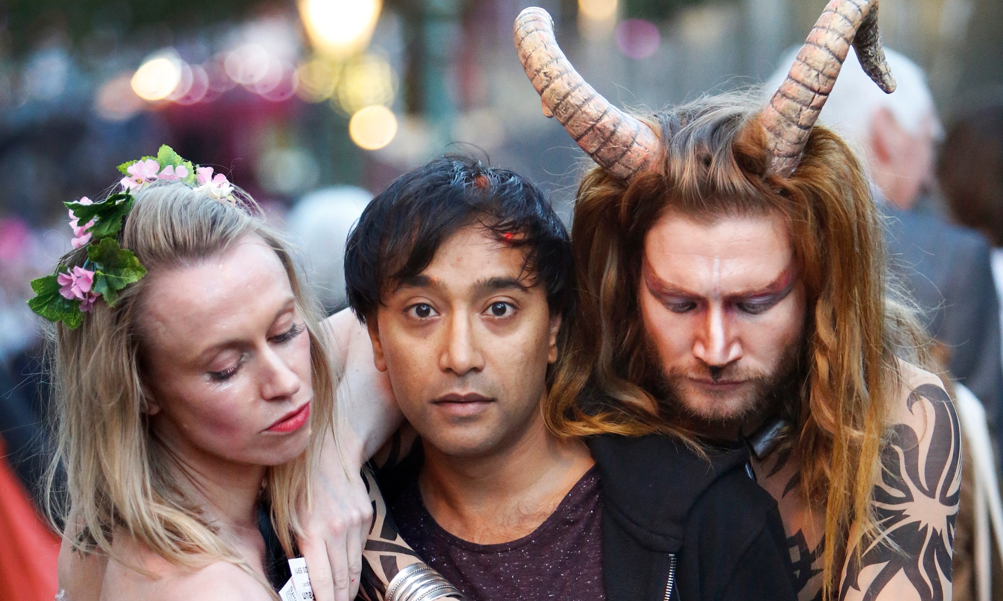 Rhik Samadder with performers in Bristo Square, Edinburgh.