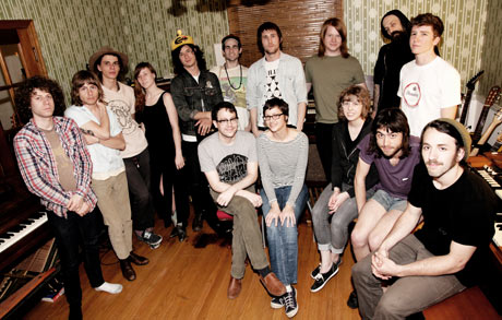 At Battle Tapes studio, Jeremy Ferguson (seated centre, in glasses) with collaborators and musicians from the Nashville scene. Bands represented here include Quichenight, Ranch Ghost, Turbo Fruits, D.Watusi, Bad Cop, Hands Down Eugene and Pujol. Photograph: Jo McCaughey